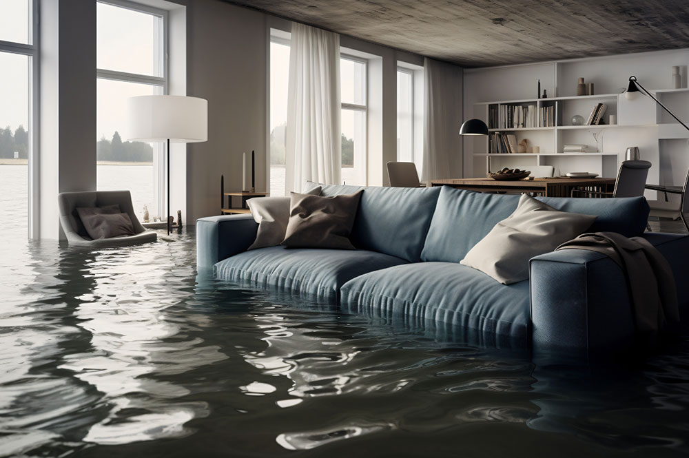 living room flood-damaged furniture, flooded furniture with water